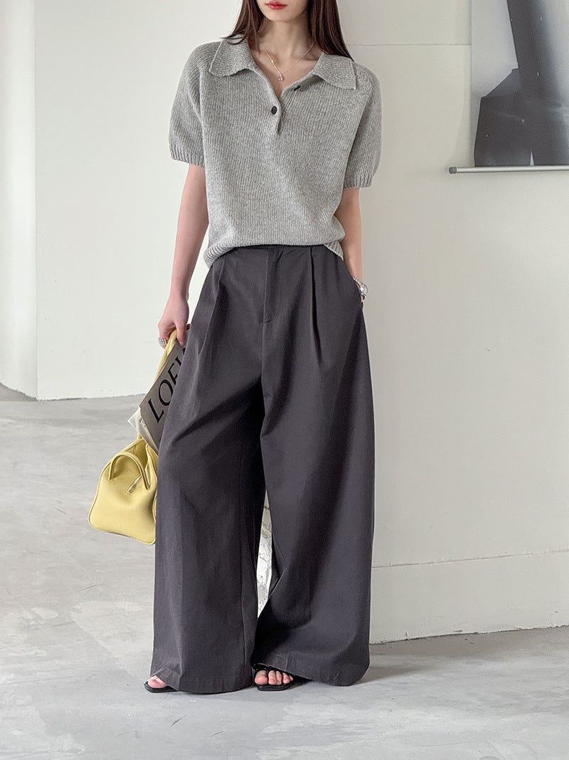 韓系氣質疊穿簡約Polo領針織顯瘦短袖毛衣-3色