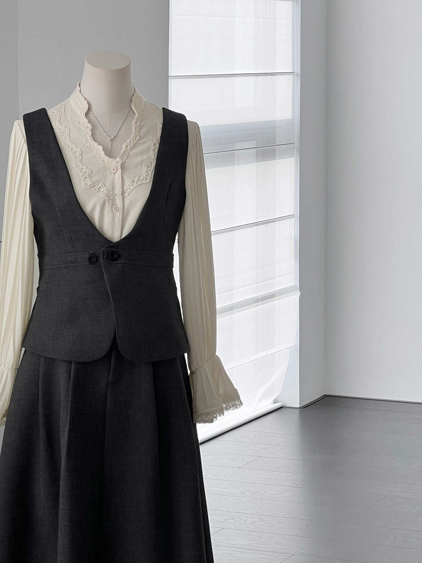 韓系通勤西裝氣質兩穿顯瘦馬甲+休閒半身裙-兩件式套裝