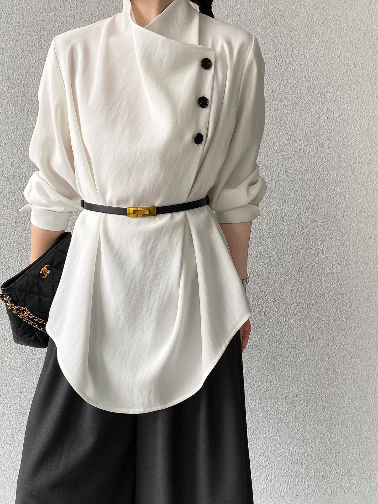 法式立領不規則紐扣收腰顯瘦襯衫+腰帶-2色