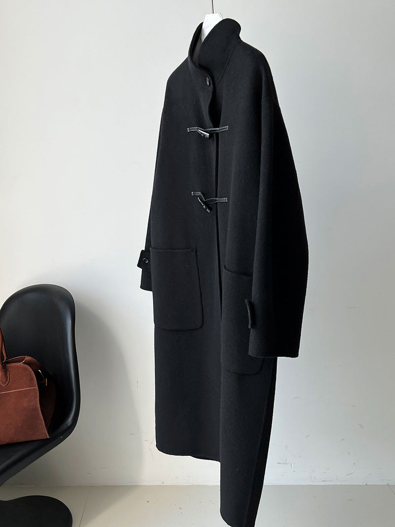 復古立領牛角扣羊毛雙面毛呢大衣外套