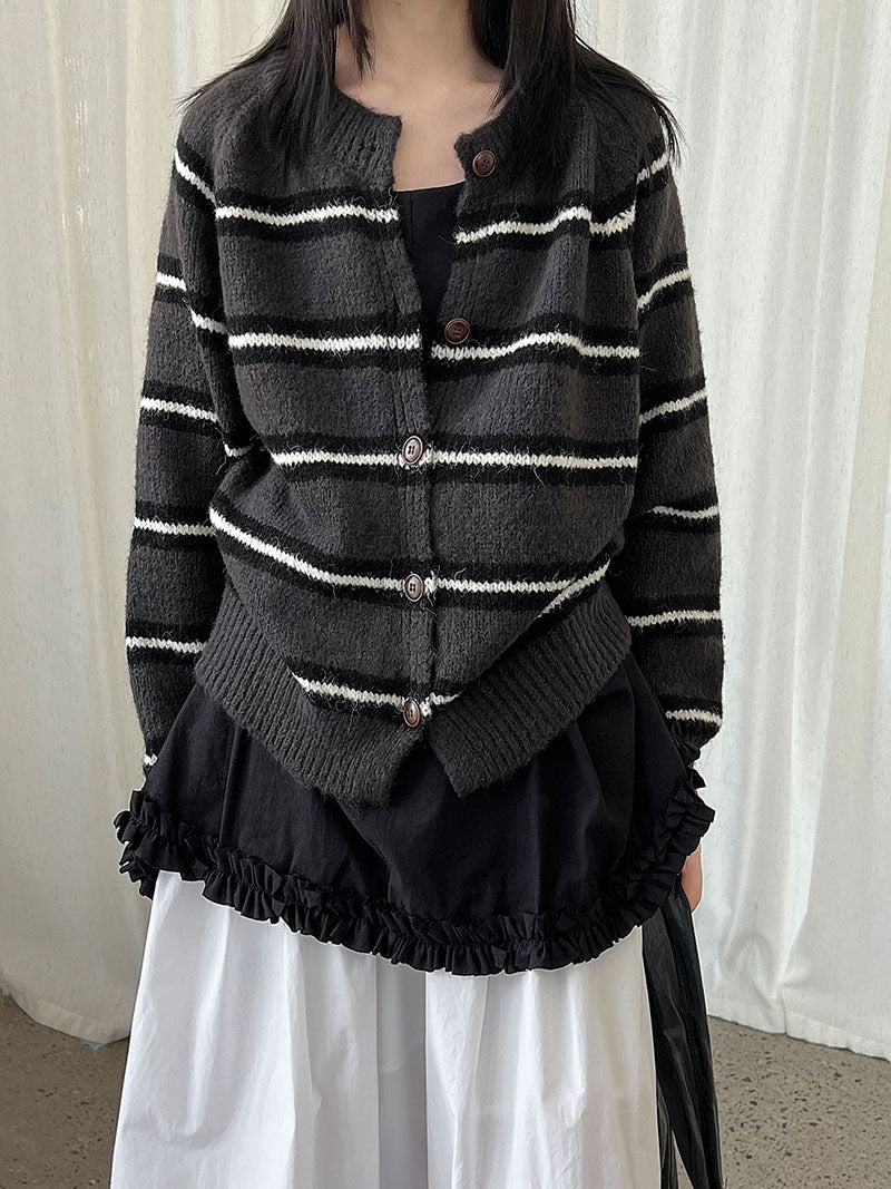 韓系短款羊毛撞色慵懶條紋針織開衫-3色