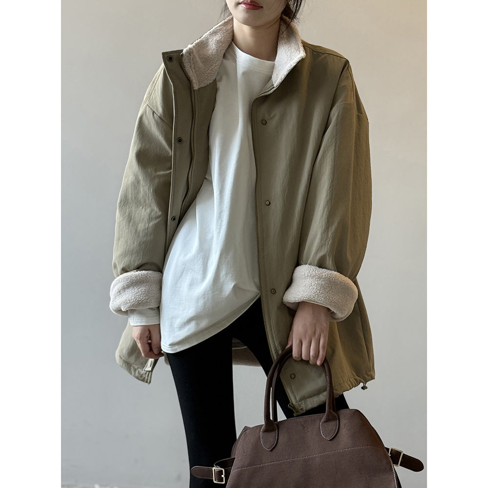 韓系設計感立領羊羔毛工裝保暖派克外套-2色