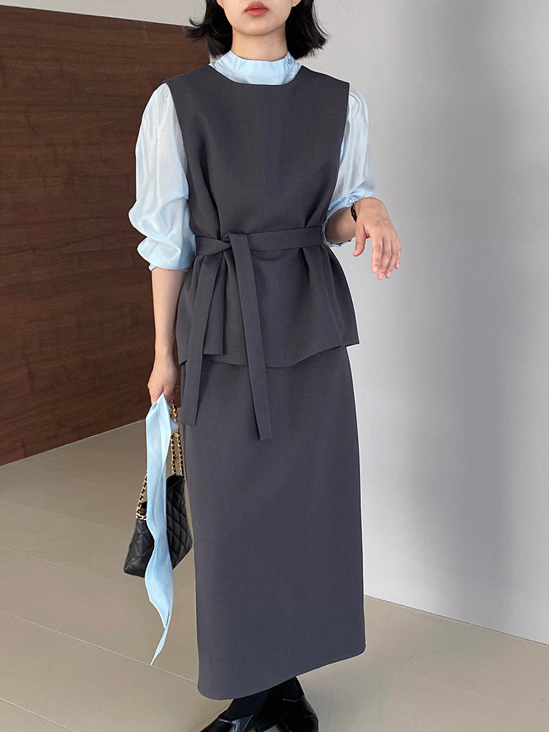 韓版高品質顯瘦西裝無袖馬甲+半身裙+配腰帶-三件式套裝