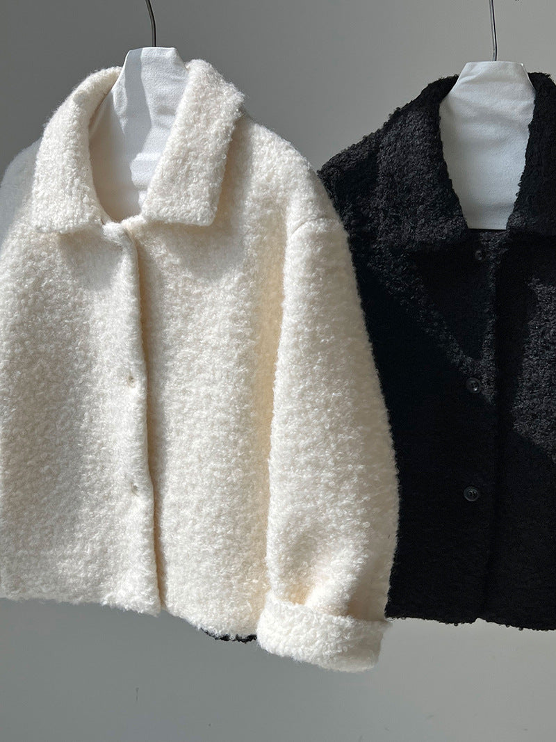 韓版單排扣短款羊羔毛翻領外套-2色