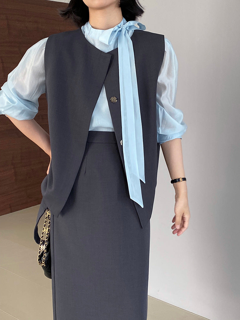 韓版高品質顯瘦西裝無袖馬甲+半身裙+配腰帶-三件式套裝