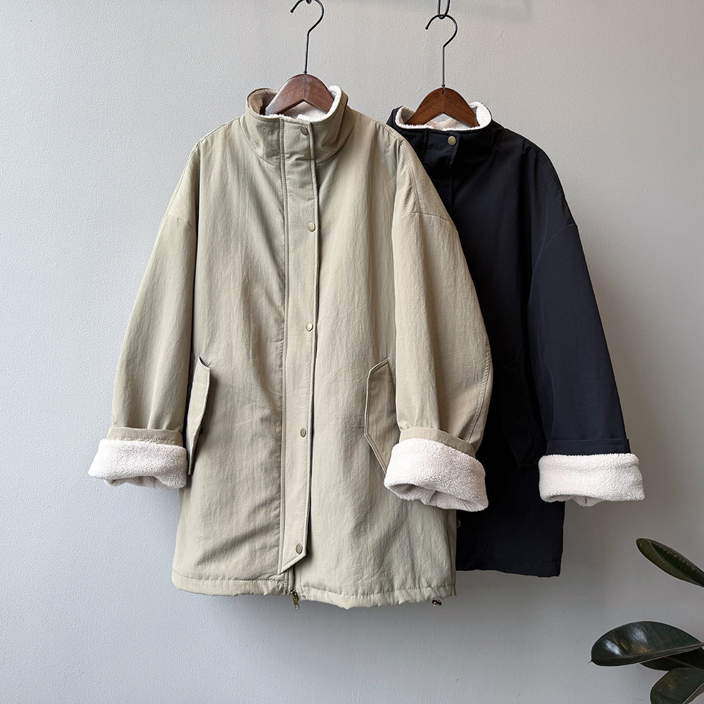 韓系設計感立領羊羔毛工裝保暖派克外套-2色