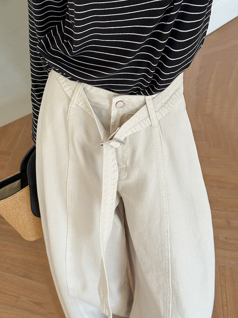 韓系復古高腰寬鬆顯瘦闊腿牛仔褲+腰帶-3色