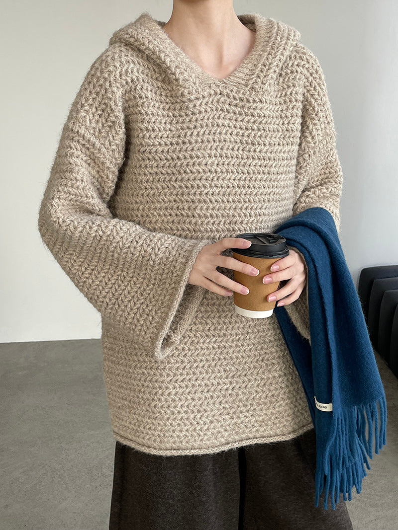 (48H出貨)韓系慵懶風寬鬆顯瘦連帽長袖針織衫-4色