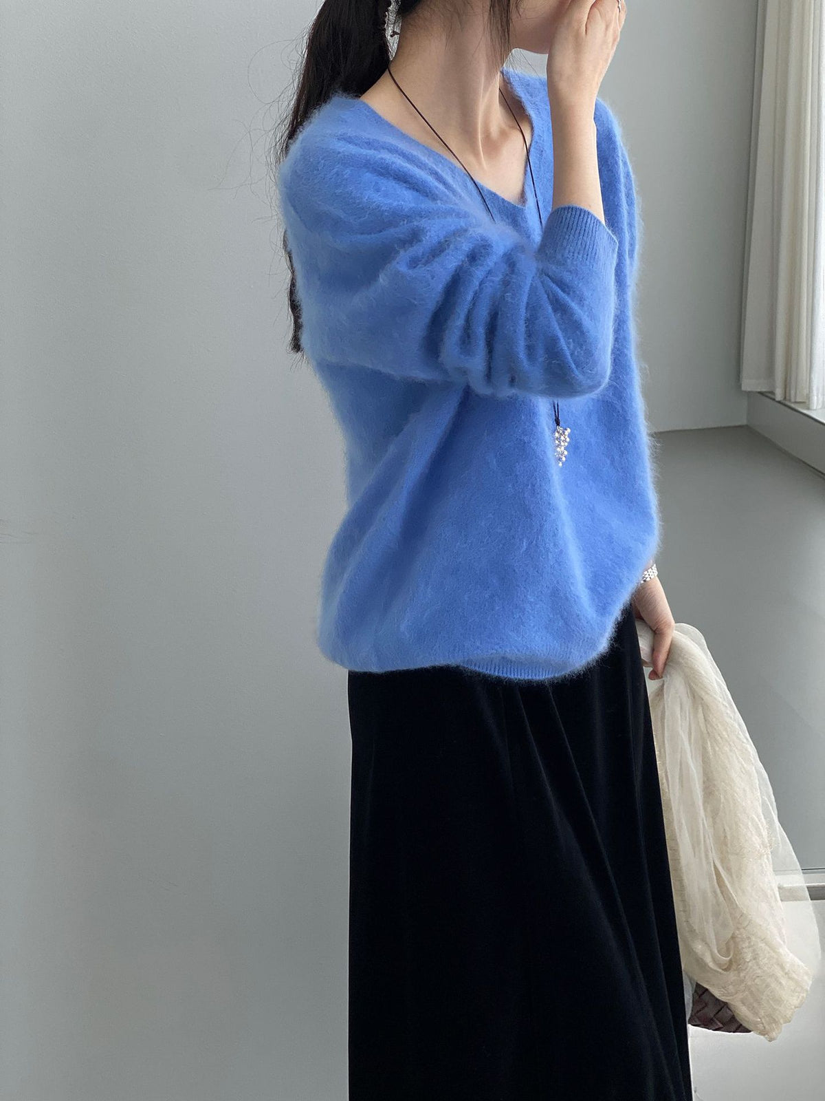 桑蠶絲羊毛V領寬鬆針織毛衣-7色