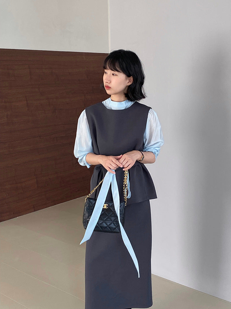 韓版高品質顯瘦西裝無袖馬甲+半身裙+配腰帶-三件式套裝