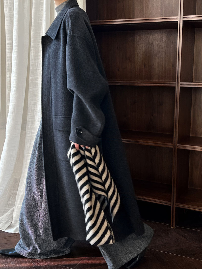 韓系高質感羊毛翻領拉鍊雙面呢大衣外套-2色