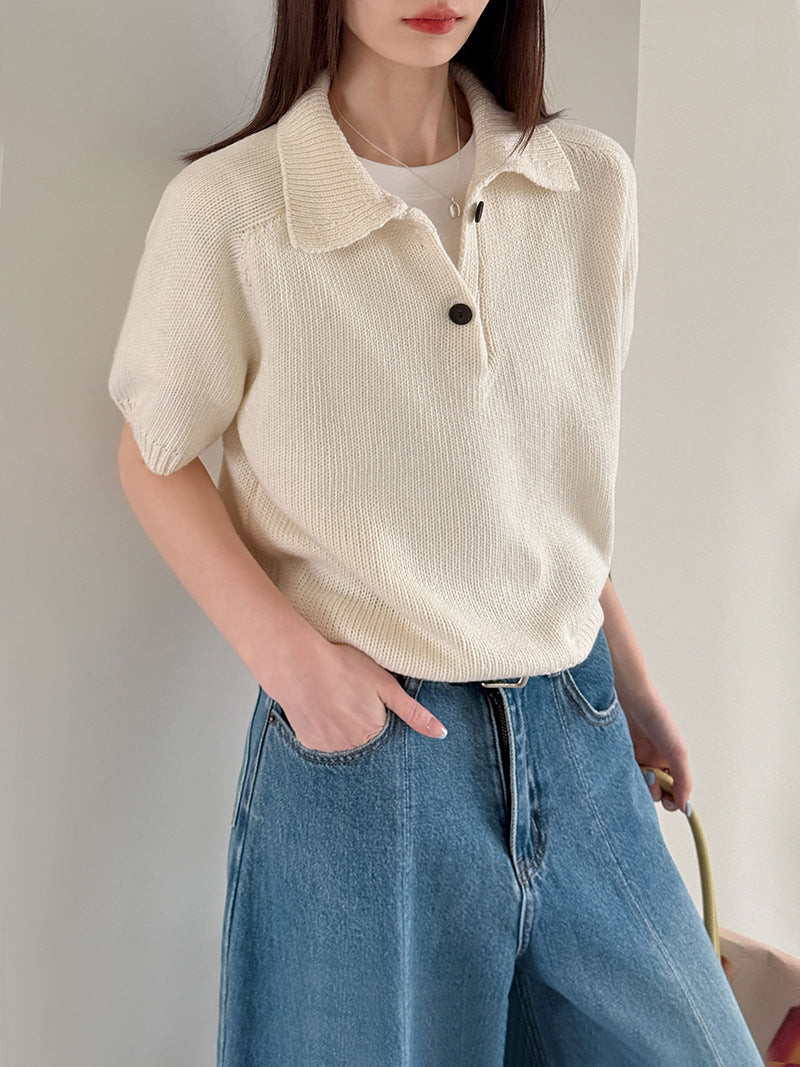 韓系氣質疊穿簡約Polo領針織顯瘦短袖毛衣-3色