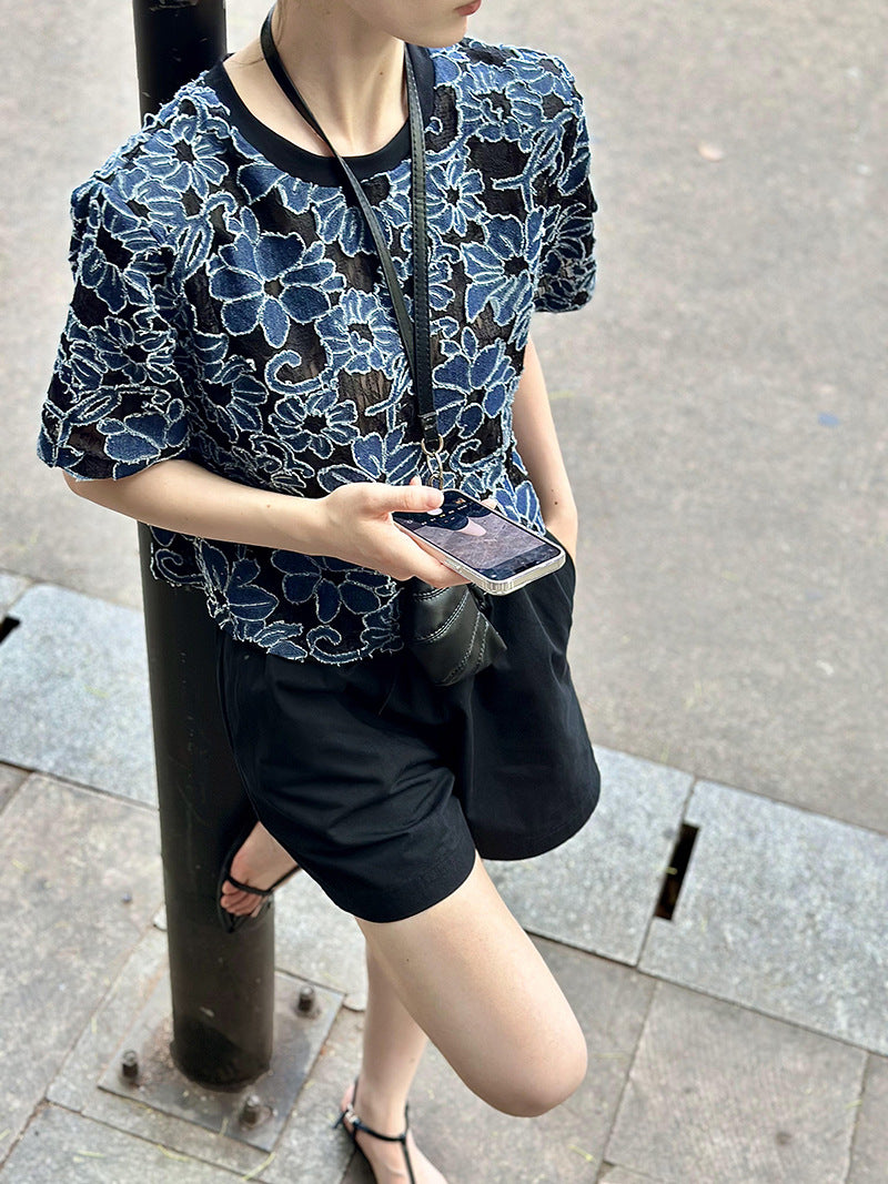 高級感蕾絲鏤空圓領緹花T恤