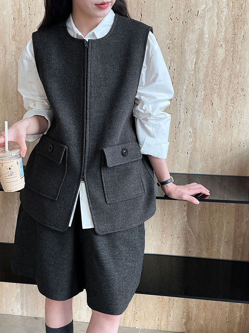 高級感寬鬆毛呢疊穿氣質圓領馬甲