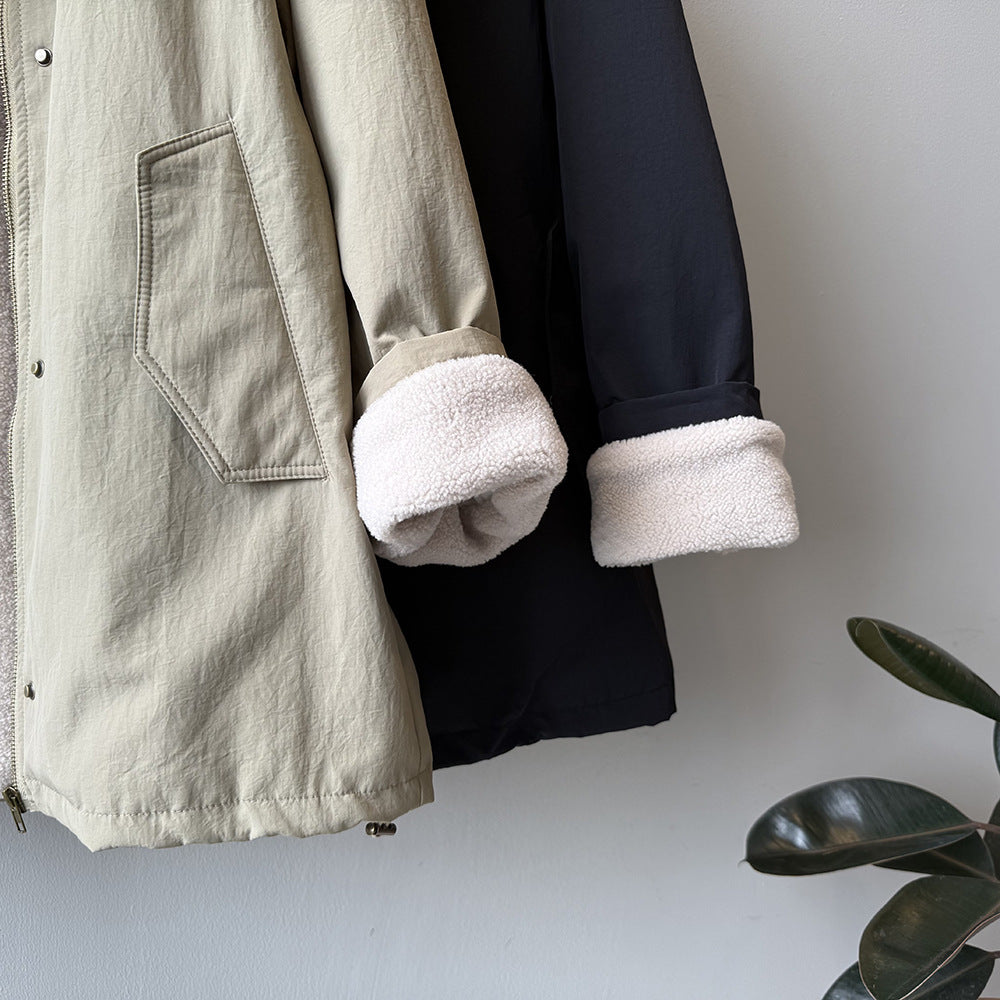 韓系設計感立領羊羔毛工裝保暖派克外套-2色