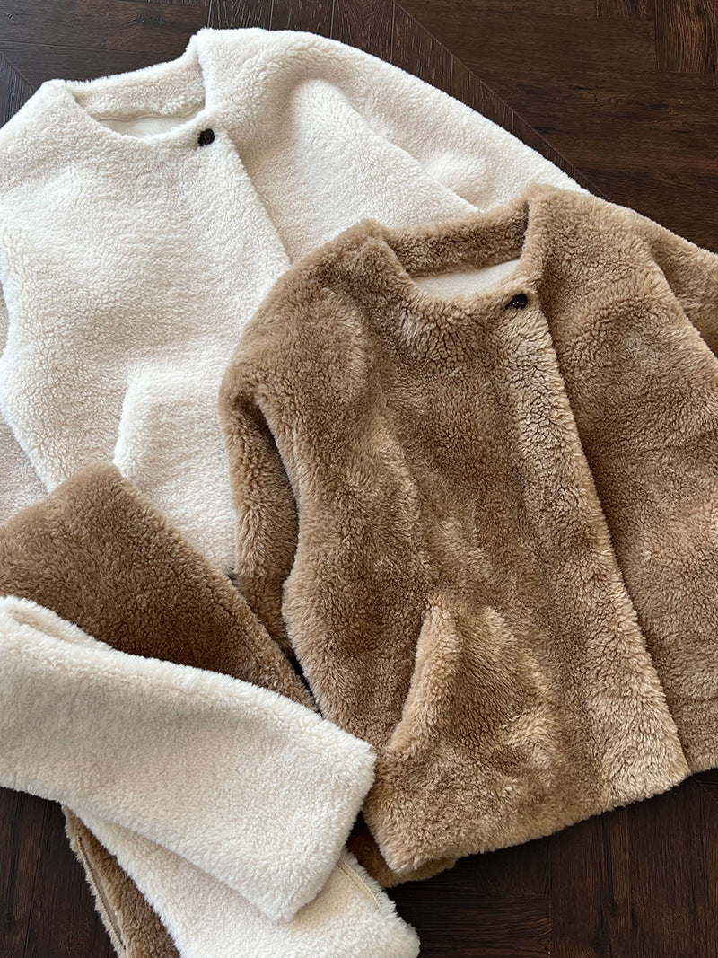 保暖毛絨皮草羊羔毛外套+圍巾-2色