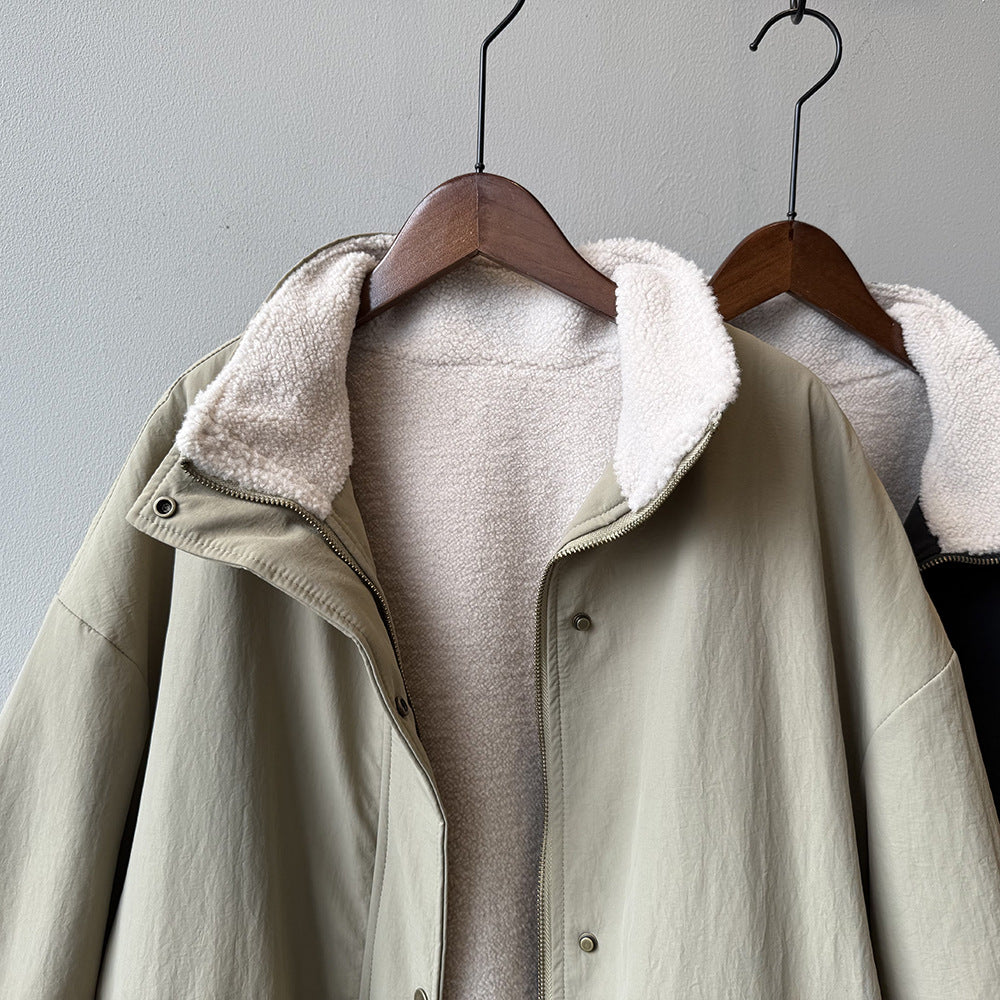 韓系設計感立領羊羔毛工裝保暖派克外套-2色