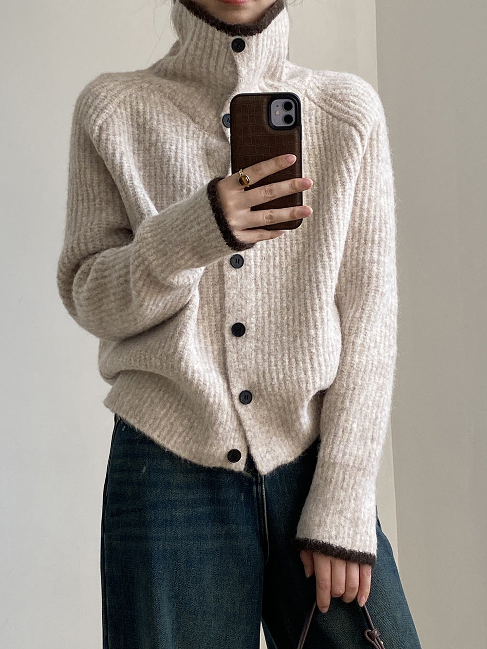 (48H出貨)韓系慵懶撞色翻領單排扣毛衣開衫外套-4色