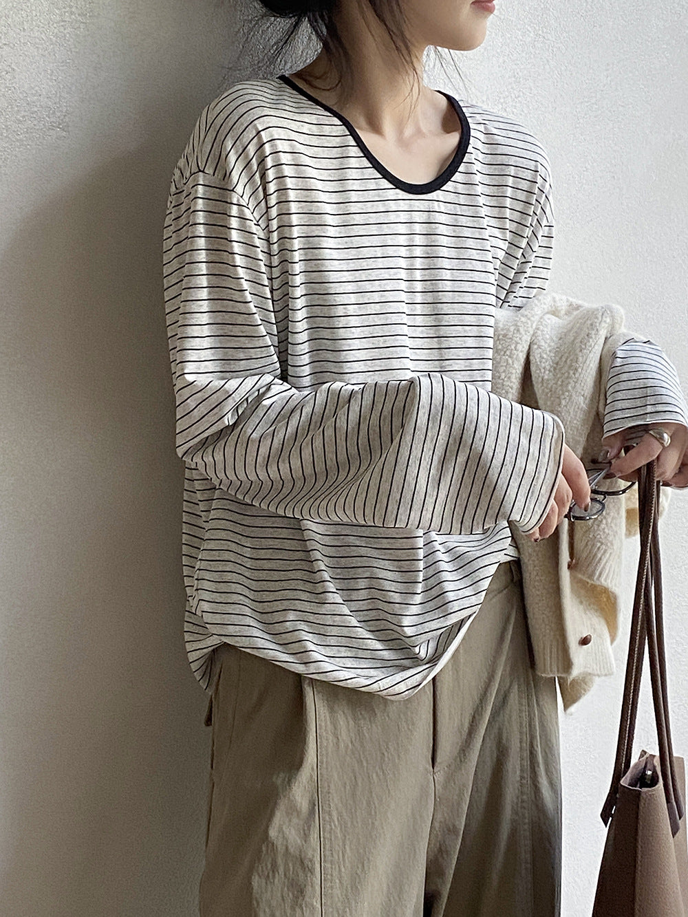 韓系撞色圓領條紋寬鬆長袖T恤-2色