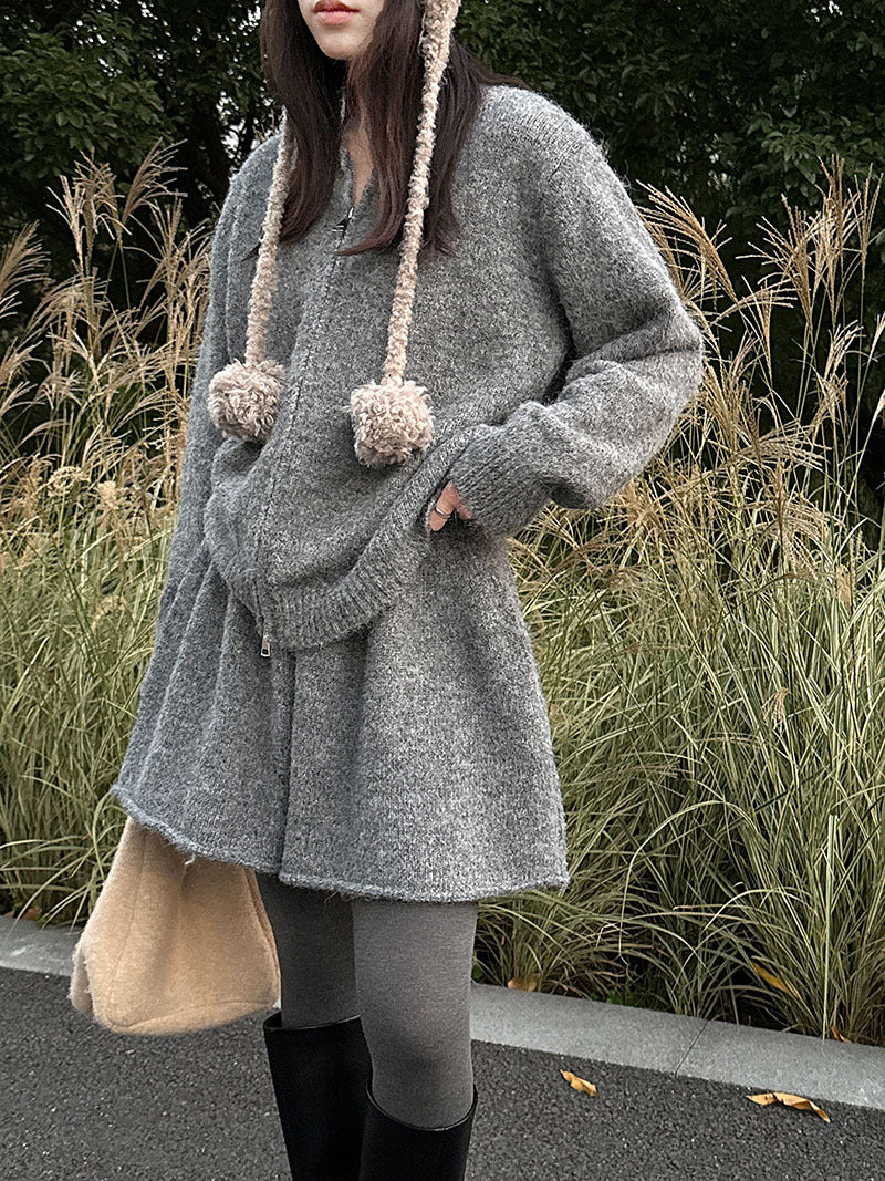 韓系軟糯休閒針織毛衣+卷邊A字短裙-兩件式套裝-3色