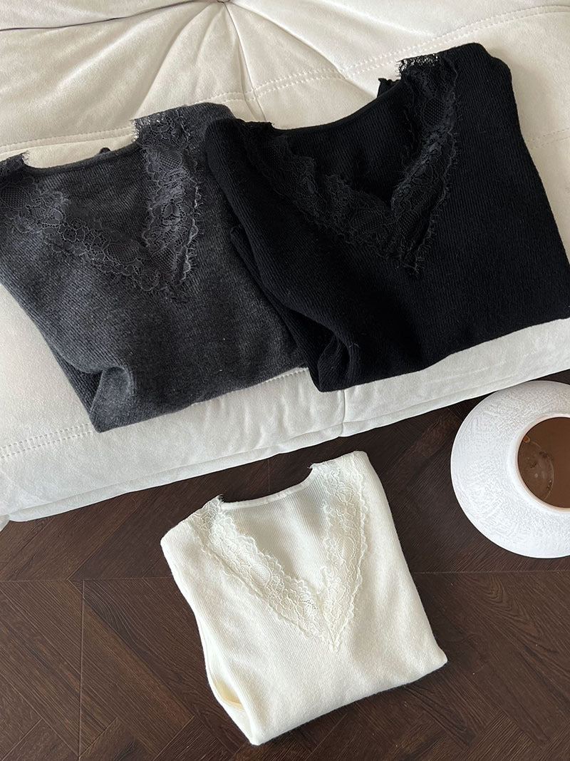 法式修身氣質蕾絲V領顯瘦內搭針織上衣-3色