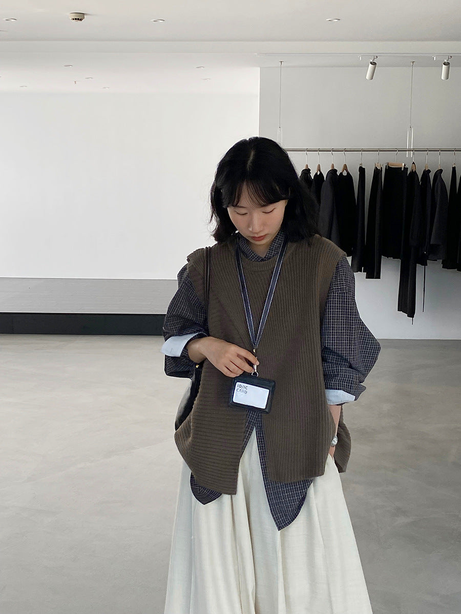 韓版不規則疊穿百搭款針織馬甲上衣-3色