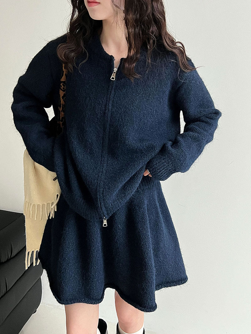 韓系軟糯休閒針織毛衣+卷邊A字短裙-兩件式套裝-3色