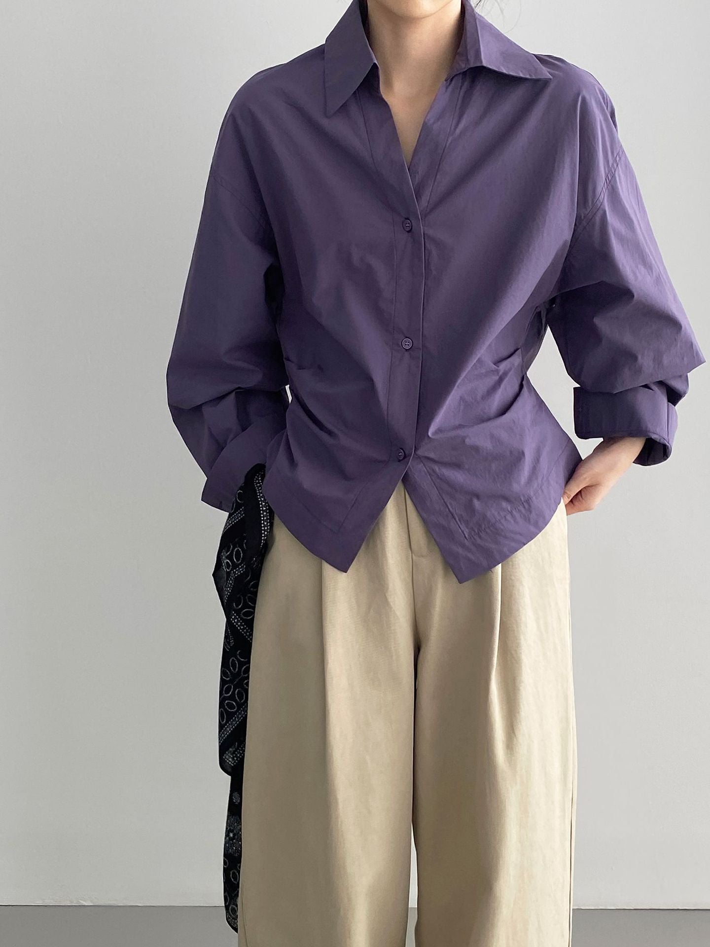 韓系通勤氣質顯瘦抽褶收腰襯衫+含披肩-3色