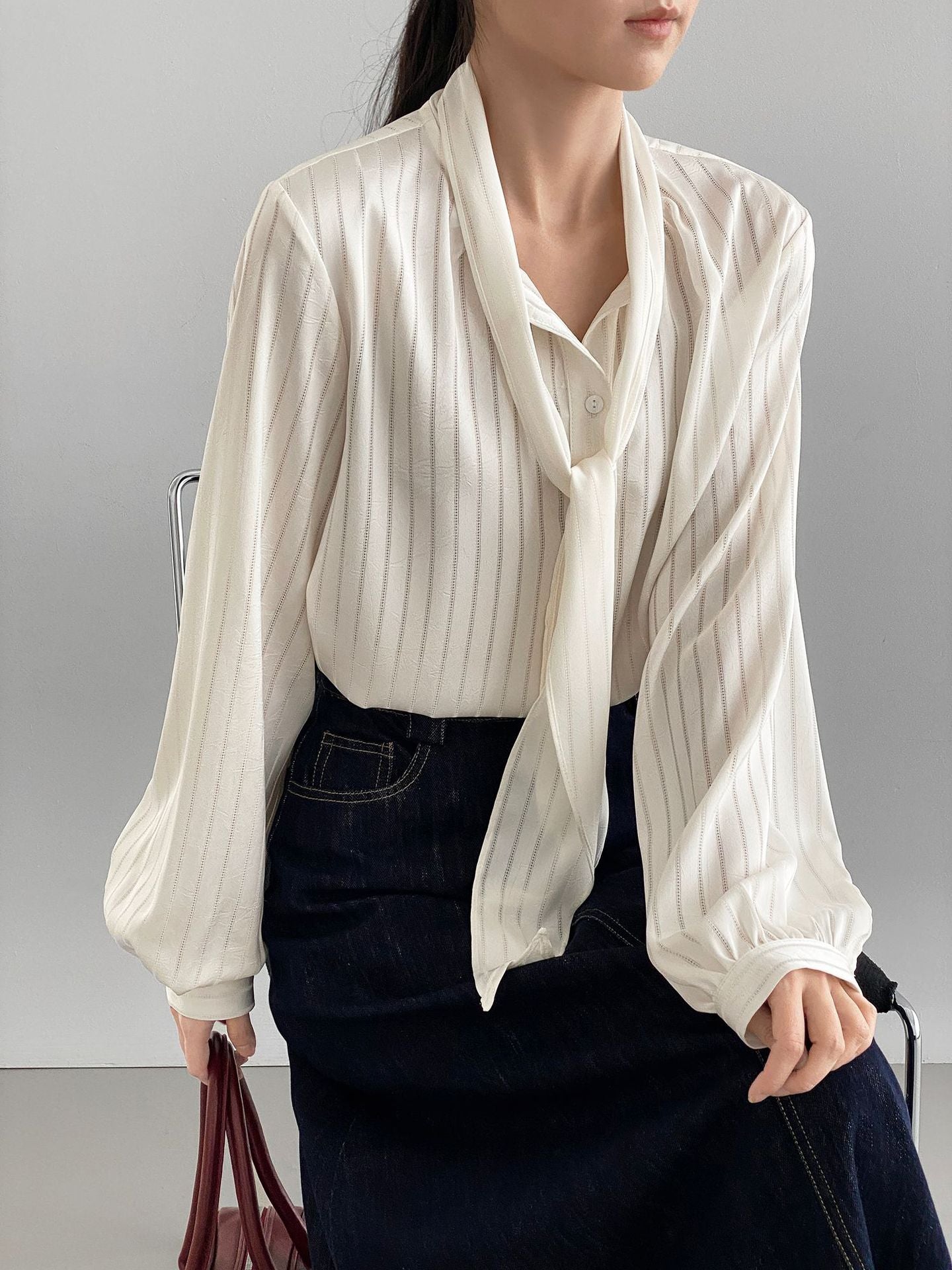 韓系光澤感親膚垂感通勤簡約飄帶條紋襯衫