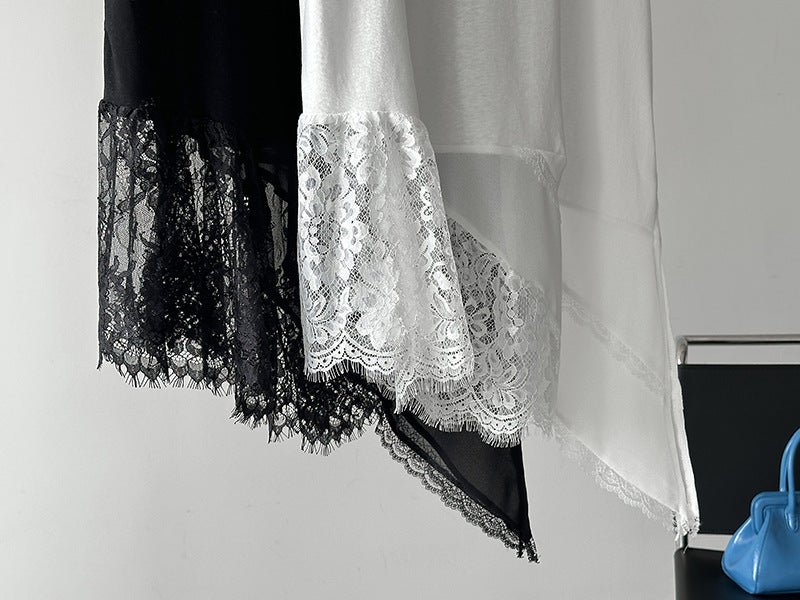 韓系不規則中長款疊穿蕾絲花邊短袖背心上衣-2色