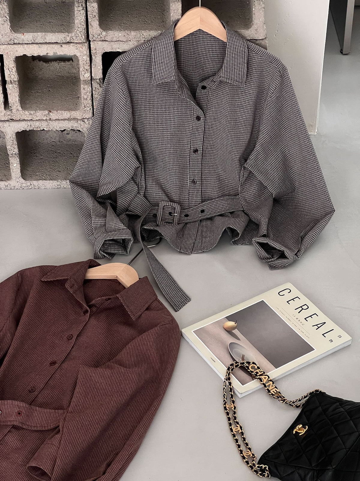 韓系高知感收腰繫帶短襯衫-2色
