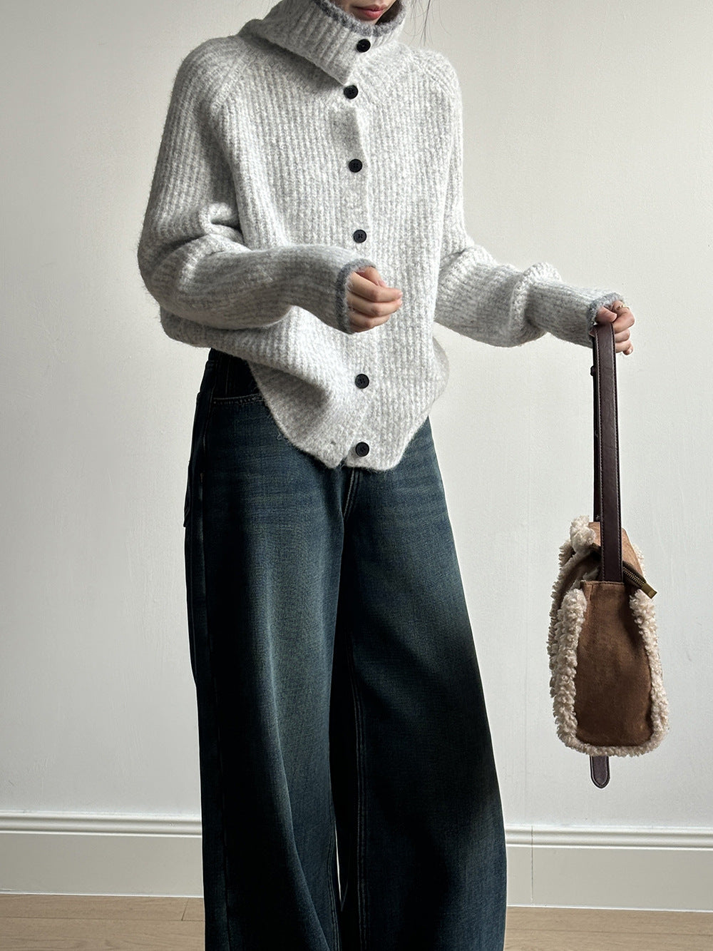 (48H出貨)韓系慵懶撞色翻領單排扣毛衣開衫外套-4色