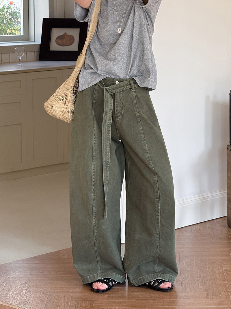 韓系復古高腰寬鬆顯瘦闊腿牛仔褲+腰帶-3色