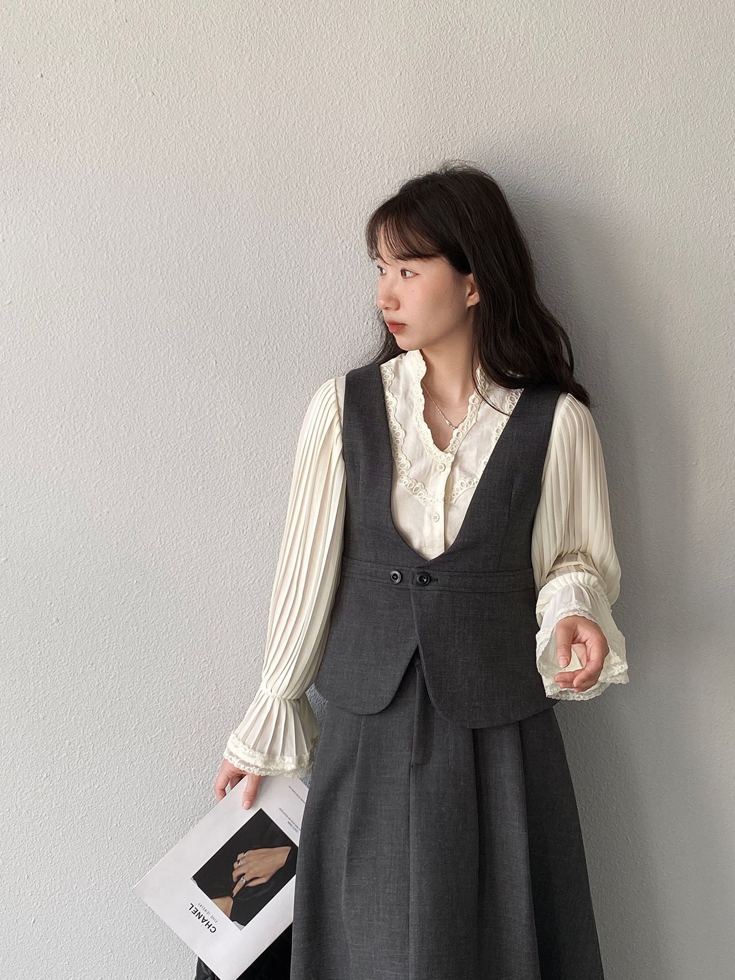 韓系通勤西裝氣質兩穿顯瘦馬甲+休閒半身裙-兩件式套裝