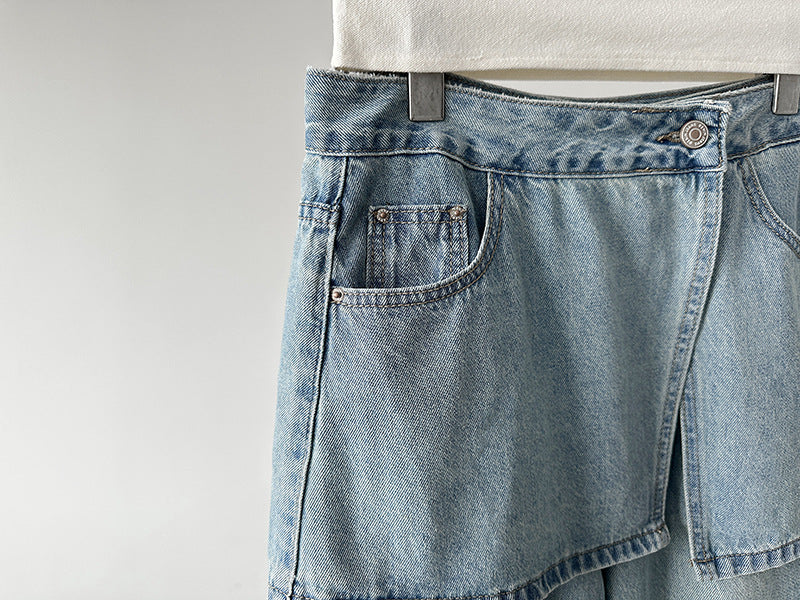 韓系小衆水洗可拆牛仔屁簾高腰顯瘦直筒牛仔褲