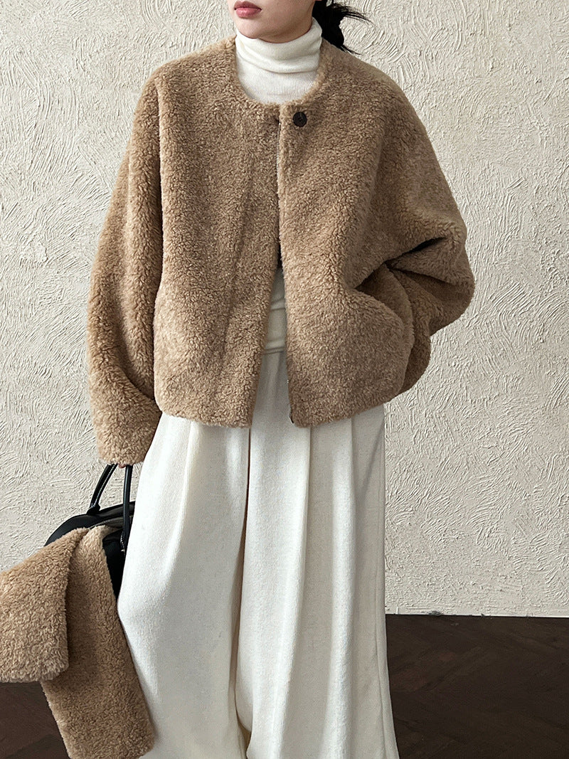 保暖毛絨皮草羊羔毛外套+圍巾-2色