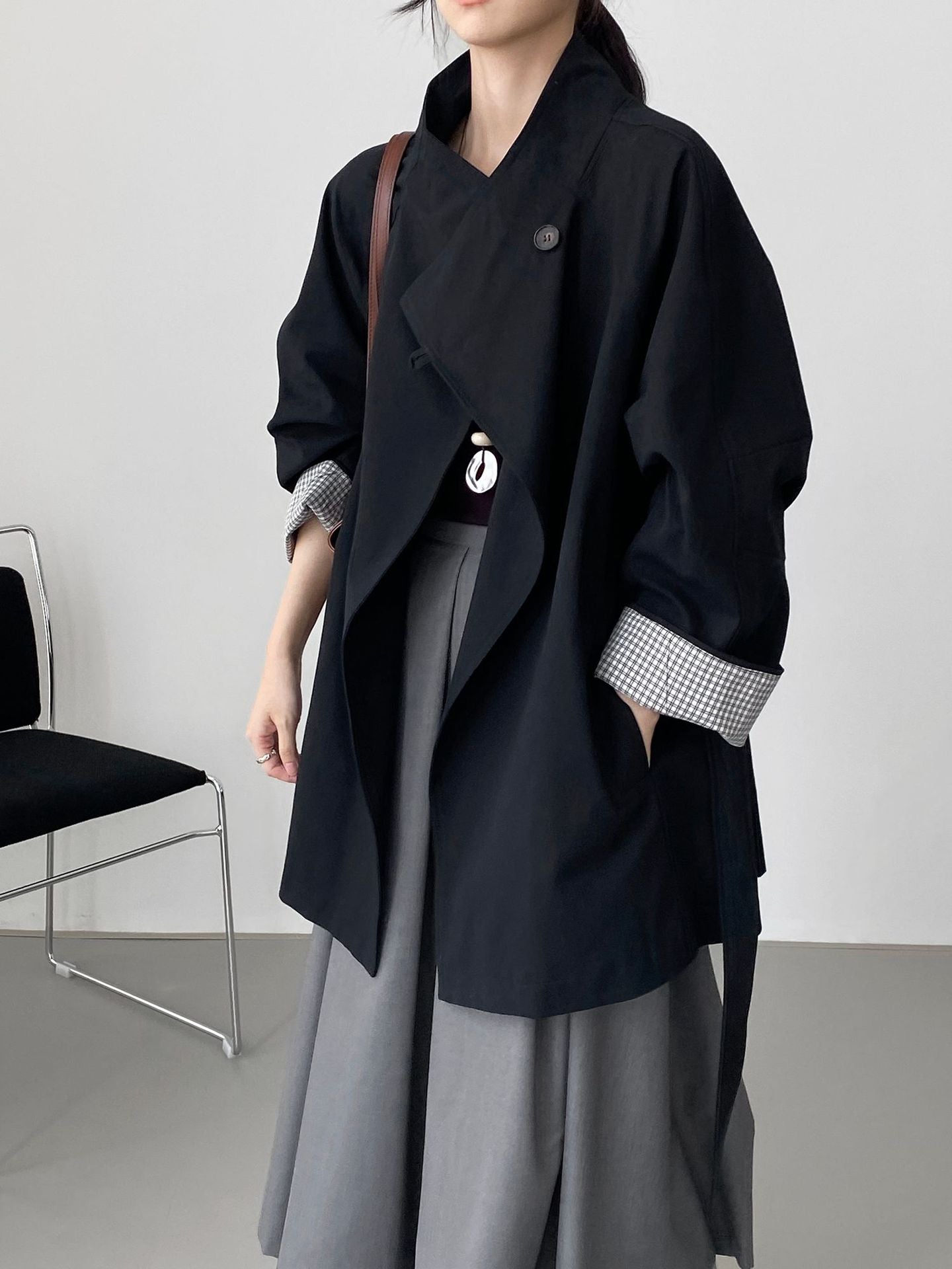 韓系復古英倫風立領寬鬆顯瘦收腰風衣外套-3色