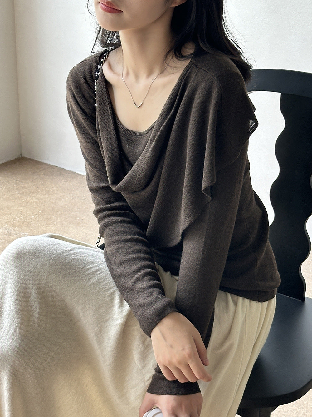 韓系設計感可拆卸蕩領修身針織上衣-5色