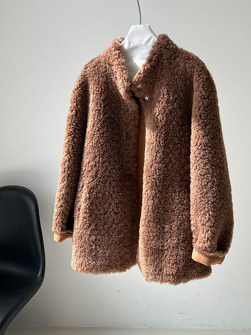 美拉德立領羊羔毛皮毛一體外套大衣-2色