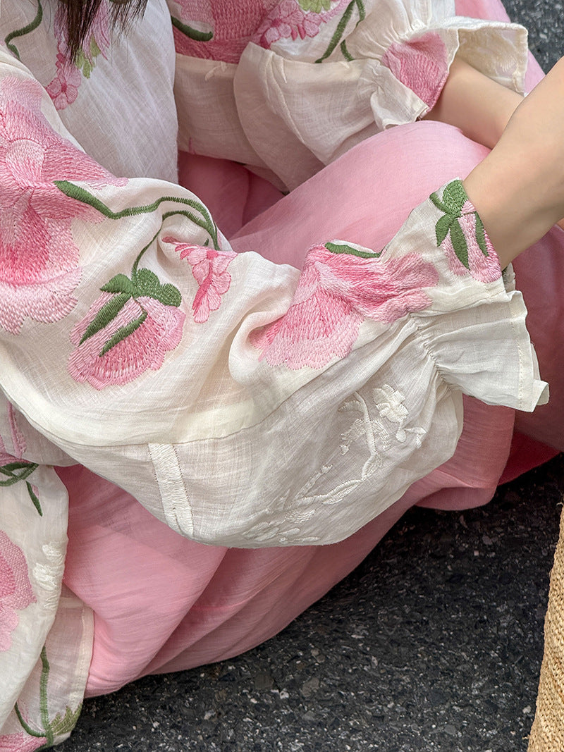 韓系度假風刺繡苧麻圓領寬鬆上衣