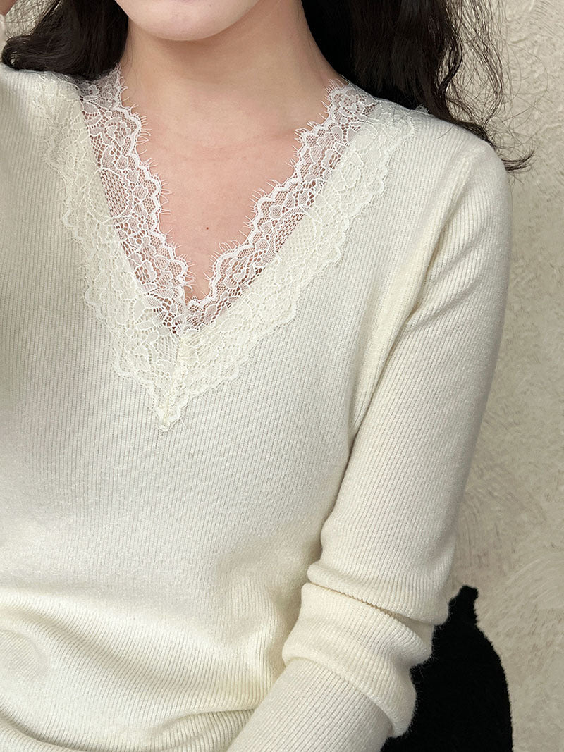 法式修身氣質蕾絲V領顯瘦內搭針織上衣-3色
