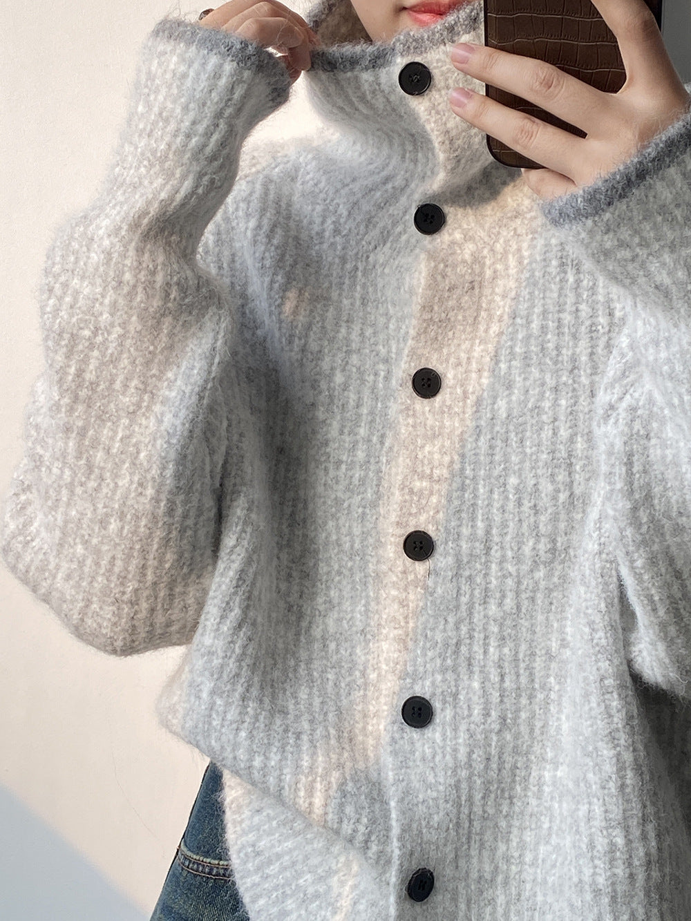 (48H出貨)韓系慵懶撞色翻領單排扣毛衣開衫外套-4色