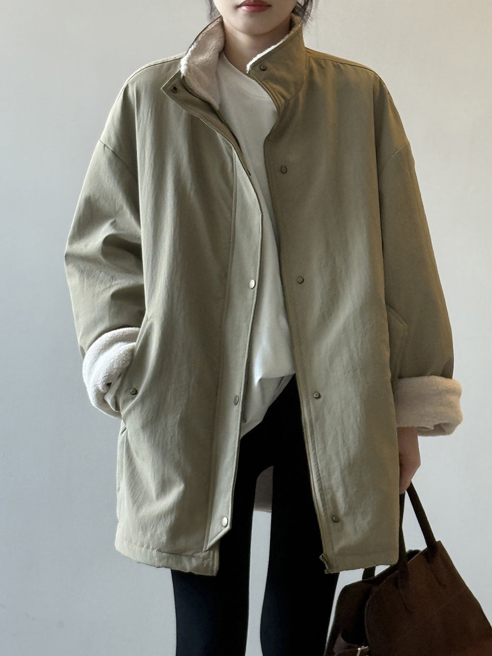 韓系設計感立領羊羔毛工裝保暖派克外套-2色