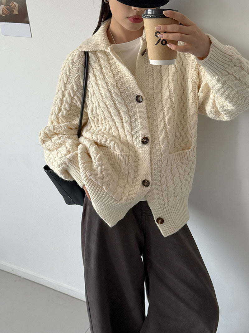 韓系翻領加厚休閒針織開衫-3色