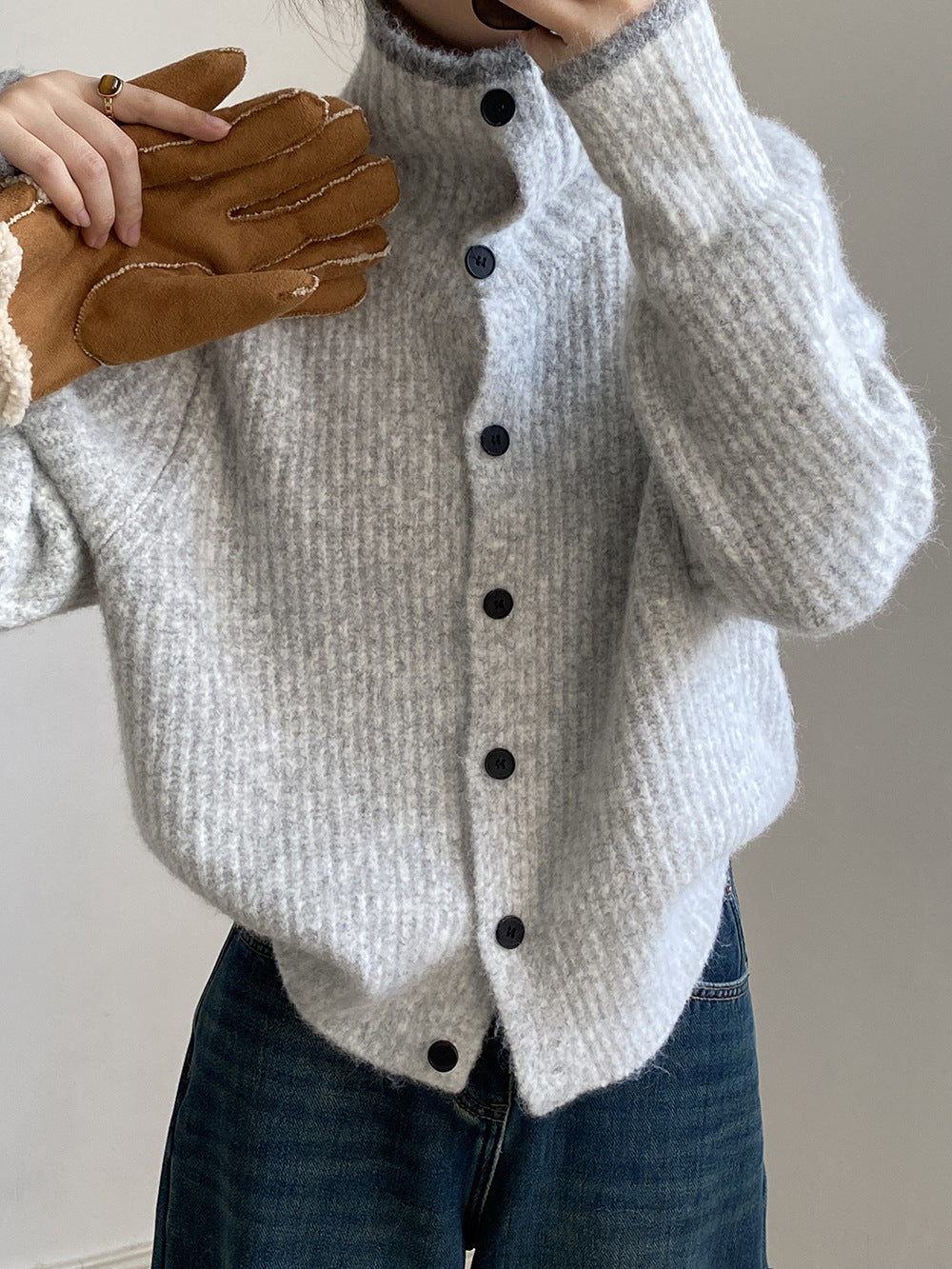 (48H出貨)韓系慵懶撞色翻領單排扣毛衣開衫外套-4色