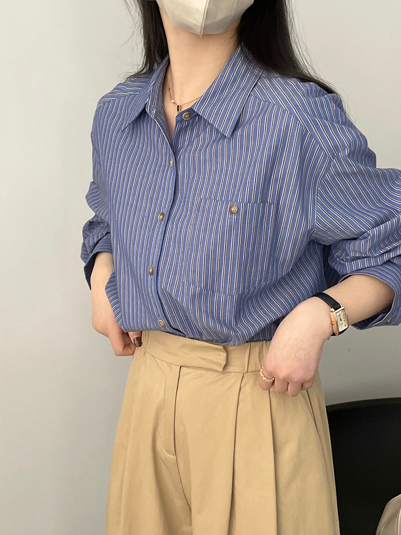 日系文藝條紋寬鬆長袖襯衫-2色