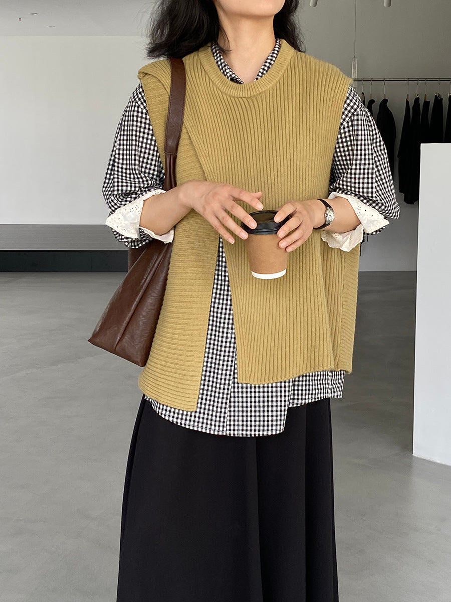 韓版不規則疊穿百搭款針織馬甲上衣-3色