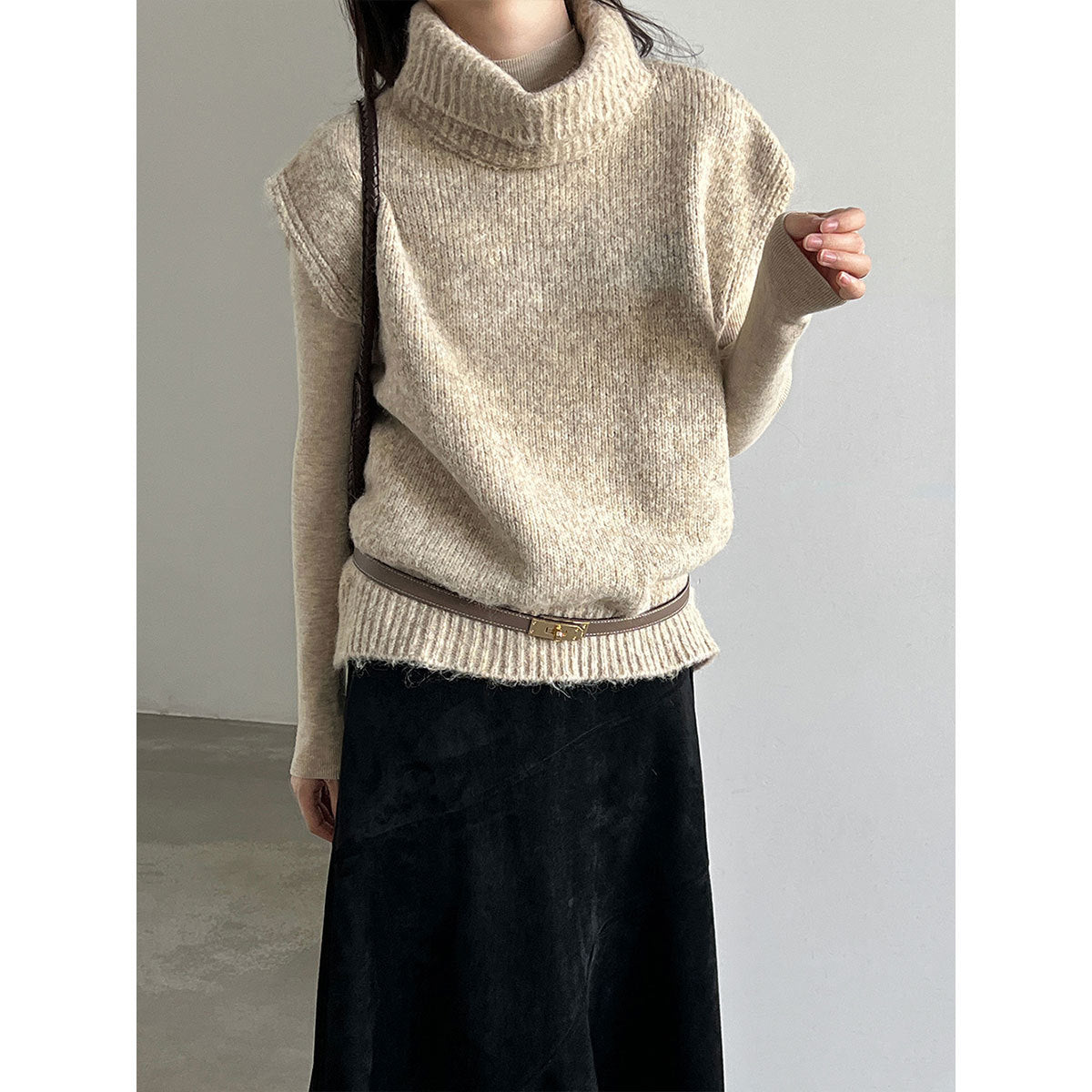 慵懶風羊毛捲邊領鬆弛感無袖針織馬甲-3色