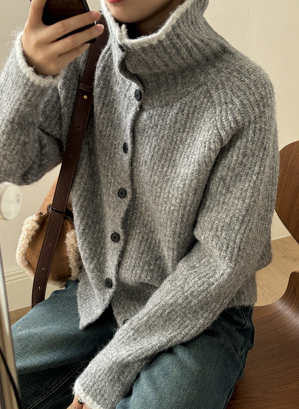 (48H出貨)韓系慵懶撞色翻領單排扣毛衣開衫外套-4色