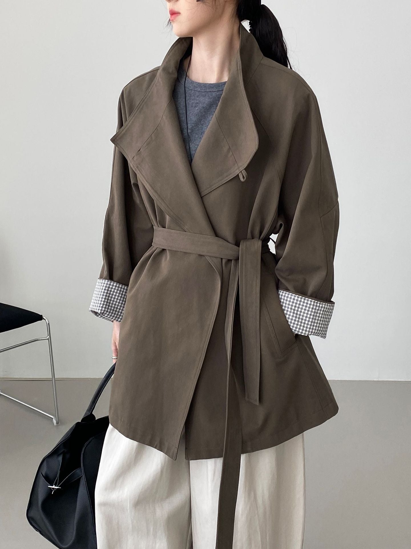 韓系復古英倫風立領寬鬆顯瘦收腰風衣外套-3色